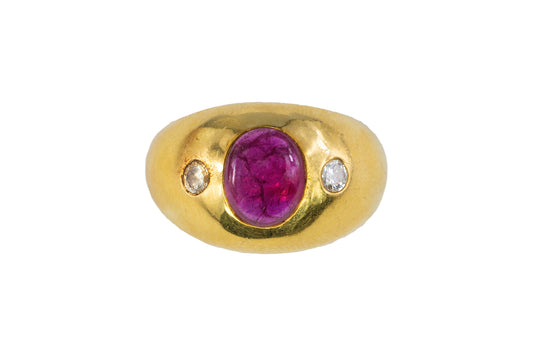 Yellow Gold Cabochon Ruby and Diamond Gypsy Ring