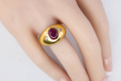 Yellow Gold Cabochon Ruby and Diamond Gypsy Ring
