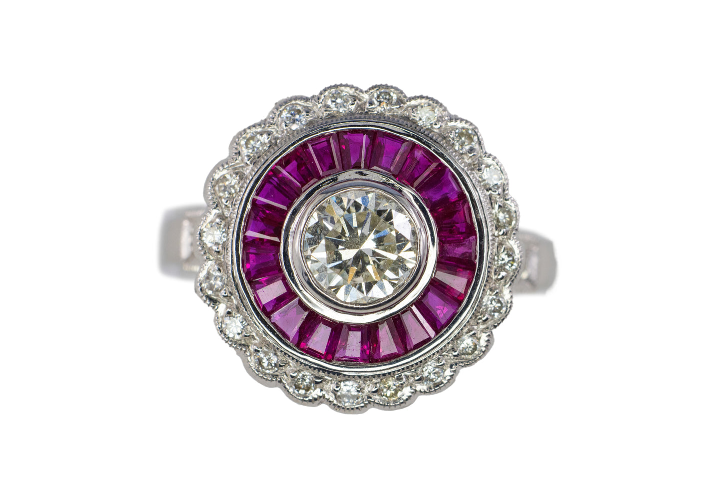 White Gold Old European Cut Diamond and Calibré Ruby Target Ring