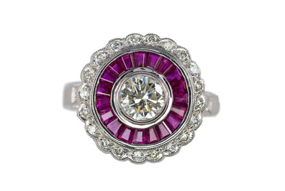 White Gold Old European Cut Diamond and Calibré Ruby Target Ring