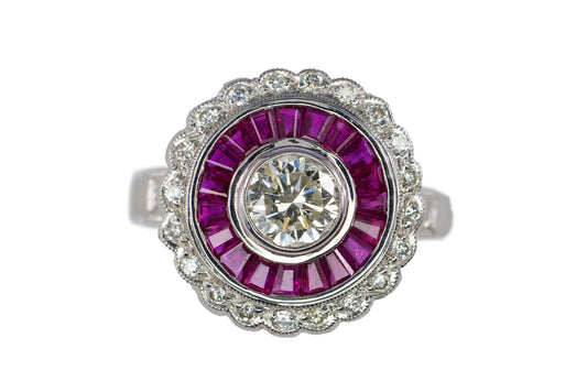 White Gold Old European Cut Diamond and Calibré Ruby Target Ring
