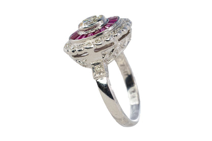 White Gold Old European Cut Diamond and Calibré Ruby Target Ring
