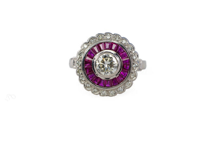 White Gold Old European Cut Diamond and Calibré Ruby Target Ring