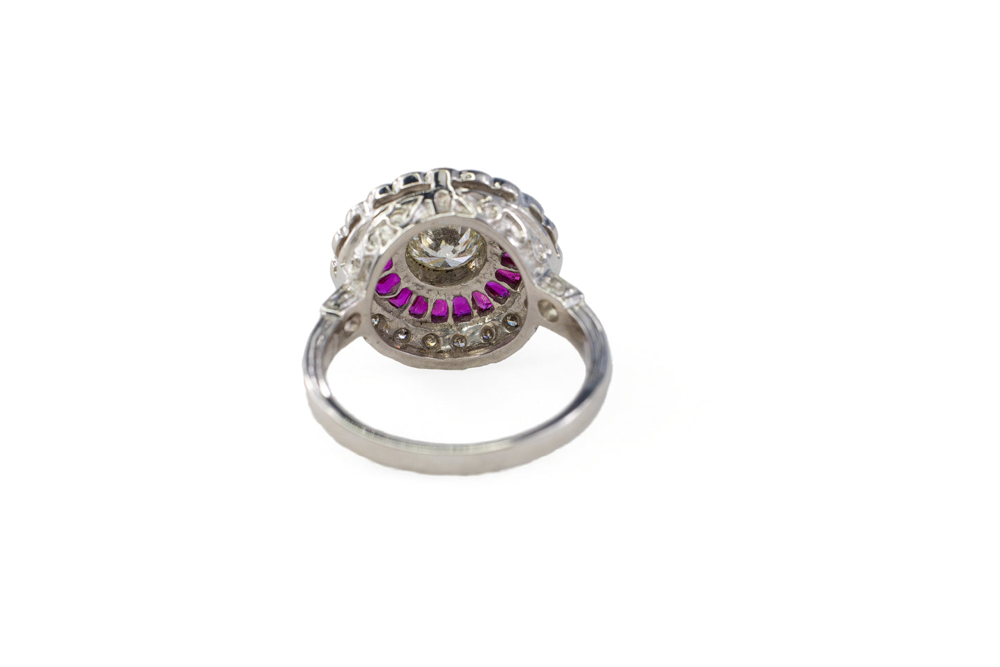 White Gold Old European Cut Diamond and Calibré Ruby Target Ring