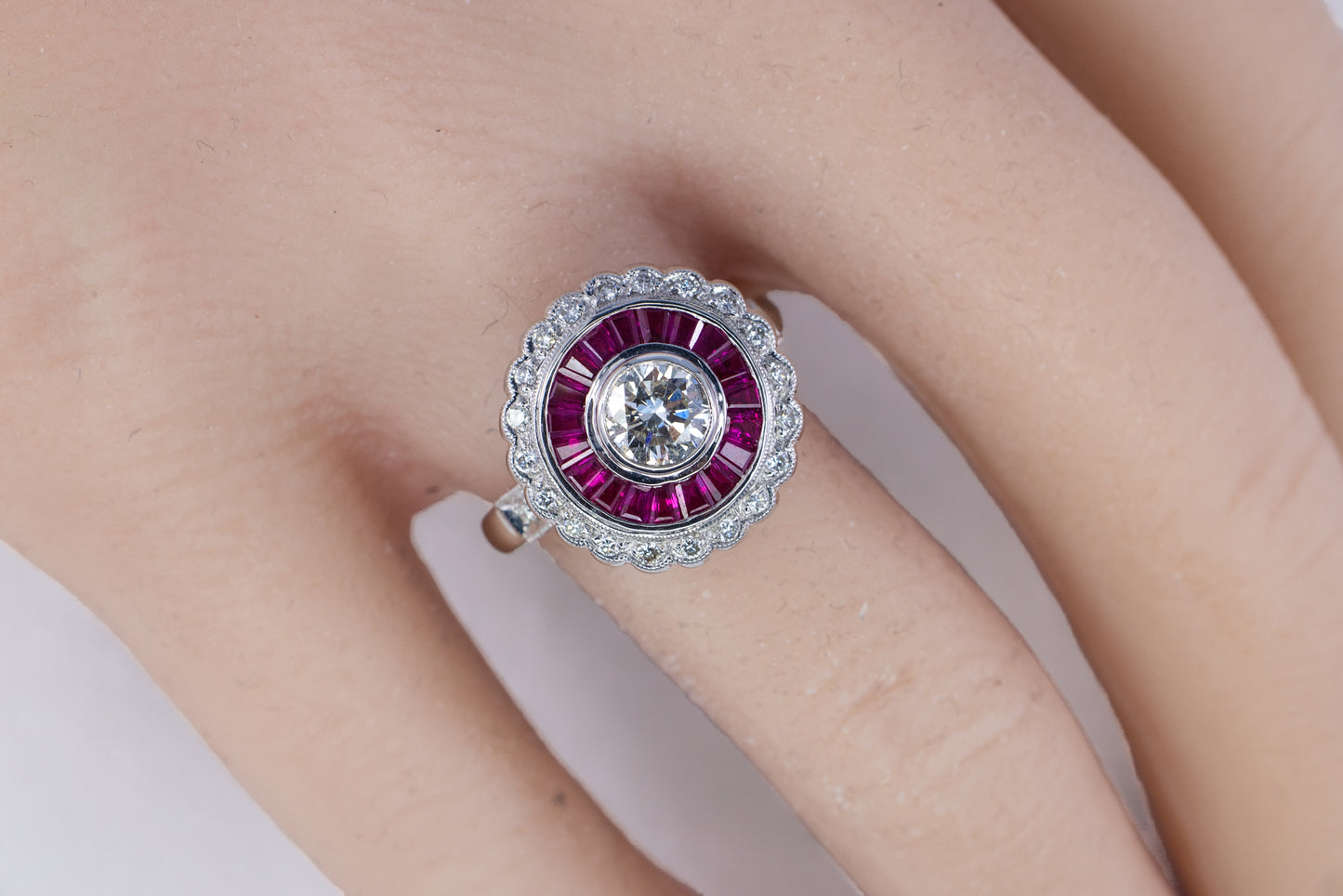 White Gold Old European Cut Diamond and Calibré Ruby Target Ring
