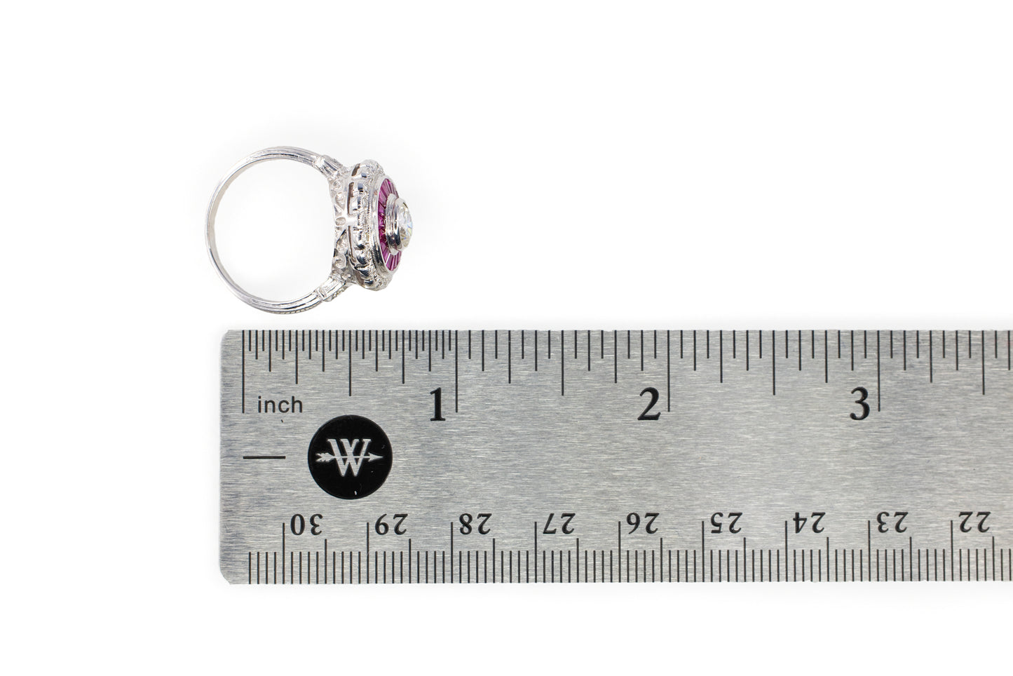 White Gold Old European Cut Diamond and Calibré Ruby Target Ring