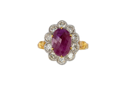 18k Two-Tone Burma Rose-Cut Ruby and Diamond Floral Halo Ring