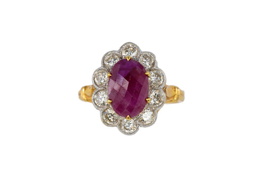 18k Two-Tone Burma Rose-Cut Ruby and Diamond Floral Halo Ring