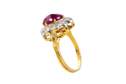 18k Two-Tone Burma Rose-Cut Ruby and Diamond Floral Halo Ring