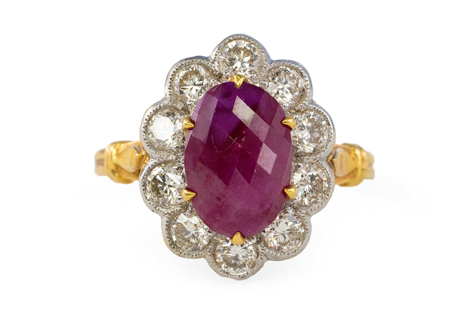 18k Two-Tone Burma Rose-Cut Ruby and Diamond Floral Halo Ring