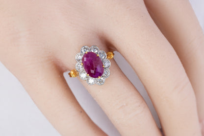 18k Two-Tone Burma Rose-Cut Ruby and Diamond Floral Halo Ring