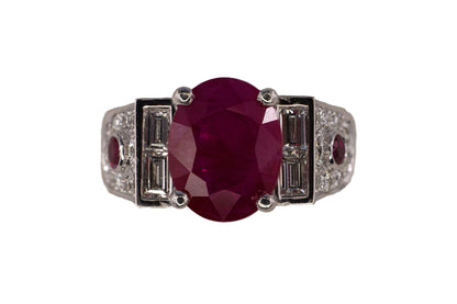 Platinum Oval Ruby and Baguette Diamond Architectural Cocktail Ring