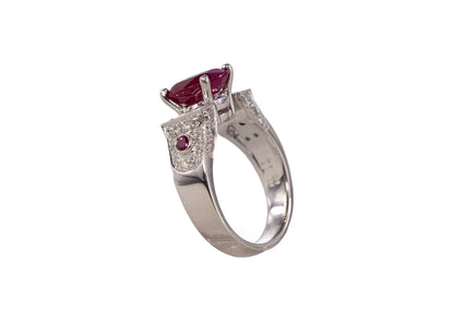 Platinum Oval Ruby and Baguette Diamond Architectural Cocktail Ring