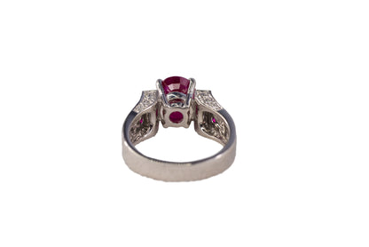 Platinum Oval Ruby and Baguette Diamond Architectural Cocktail Ring