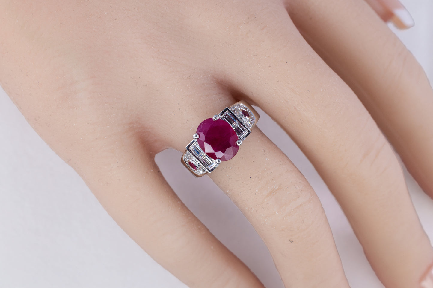 Platinum Oval Ruby and Baguette Diamond Architectural Cocktail Ring