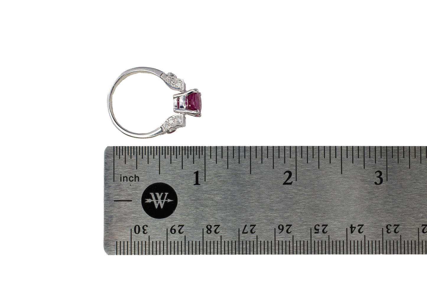 Platinum Oval Ruby and Baguette Diamond Architectural Cocktail Ring