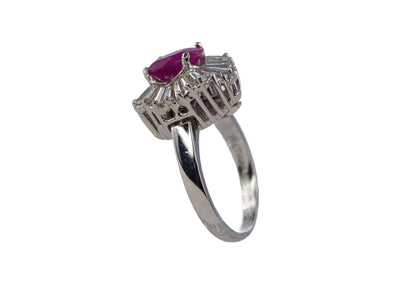 Platinum Oval Ruby and Tapered Baguette Ballerina Cluster Ring