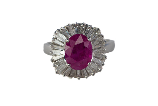 Platinum Oval Ruby and Tapered Baguette Ballerina Cluster Ring