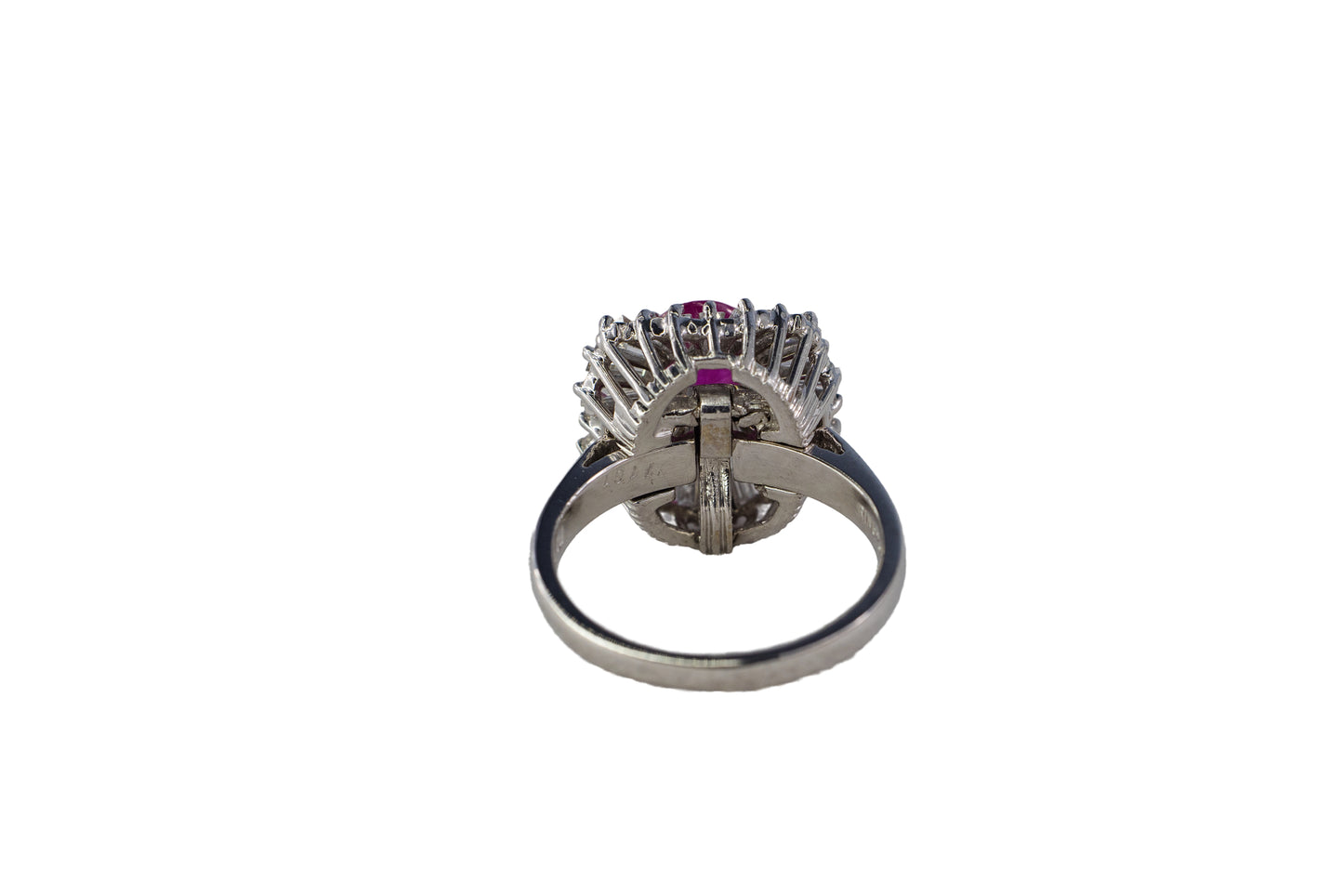 Platinum Oval Ruby and Tapered Baguette Ballerina Cluster Ring