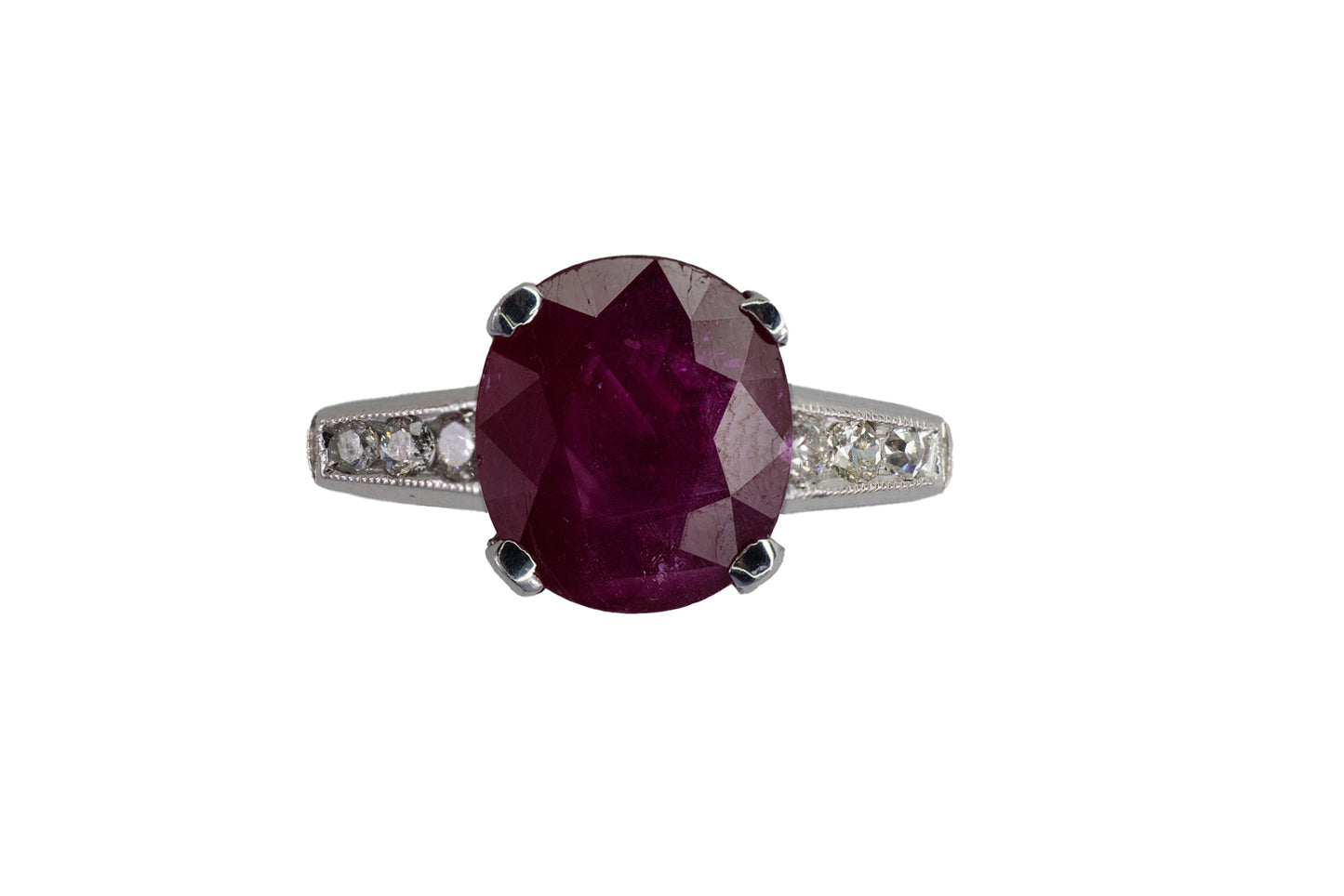 Platinum Oval Ruby Solitaire Ring with Diamond Accents