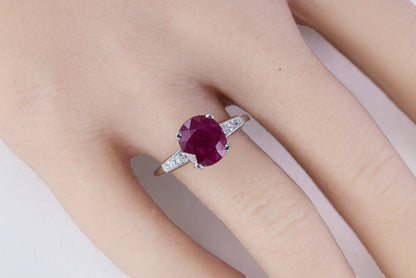 Platinum Oval Ruby Solitaire Ring with Diamond Accents