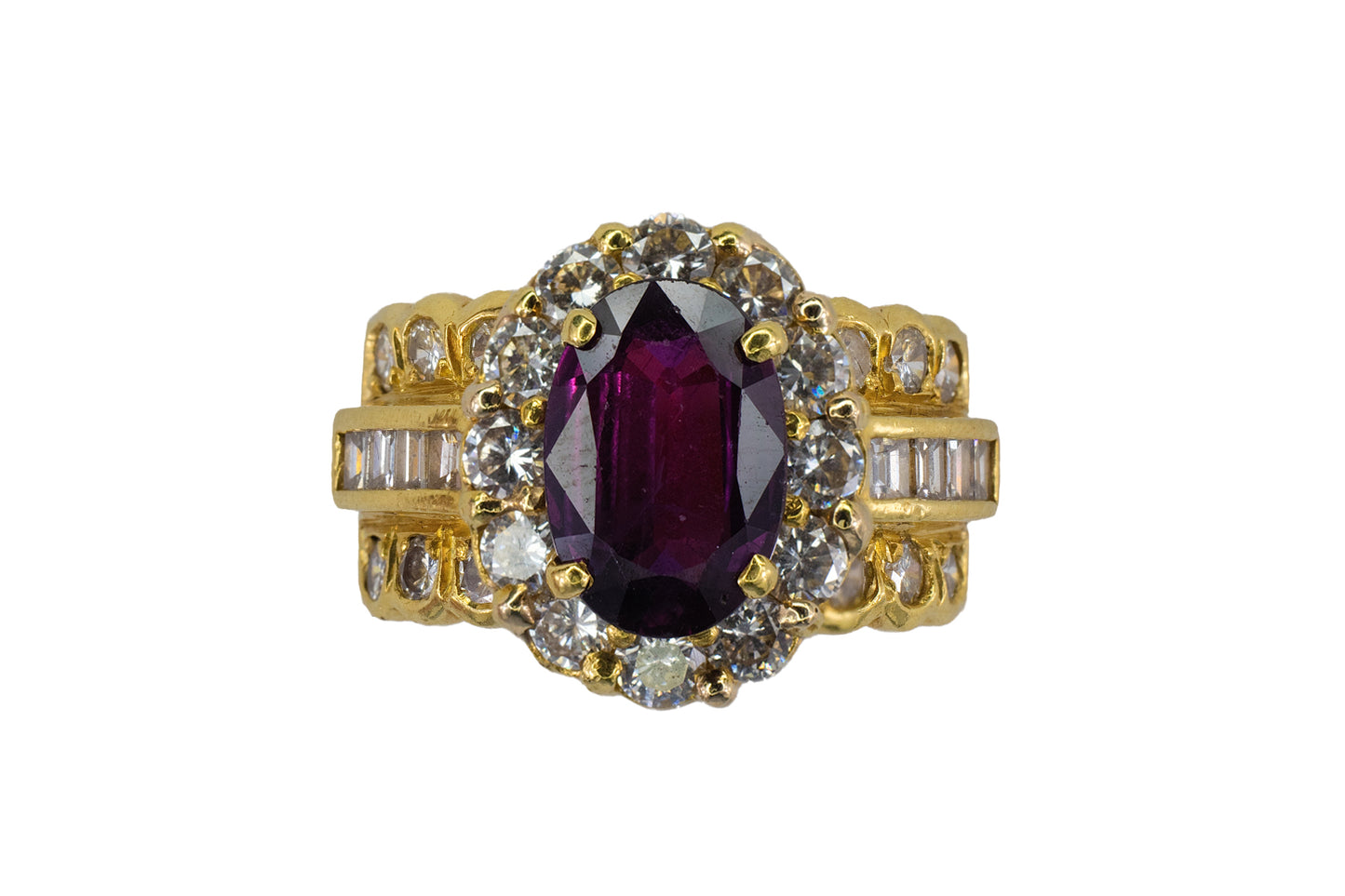 Oval Ruby Halo Cocktail Ring with Multi-Cut Diamond Band