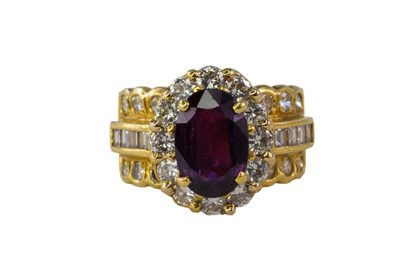 Oval Ruby Halo Cocktail Ring with Multi-Cut Diamond Band