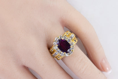 Oval Ruby Halo Cocktail Ring with Multi-Cut Diamond Band