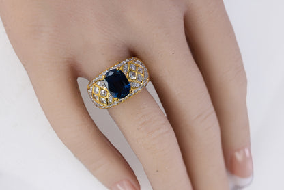 Oval Sapphire and Lattice Diamond Statement Ring