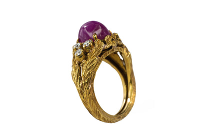 Cabochon Ruby and Textured Diamond Cluster Ring