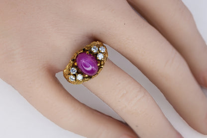 Cabochon Ruby and Textured Diamond Cluster Ring