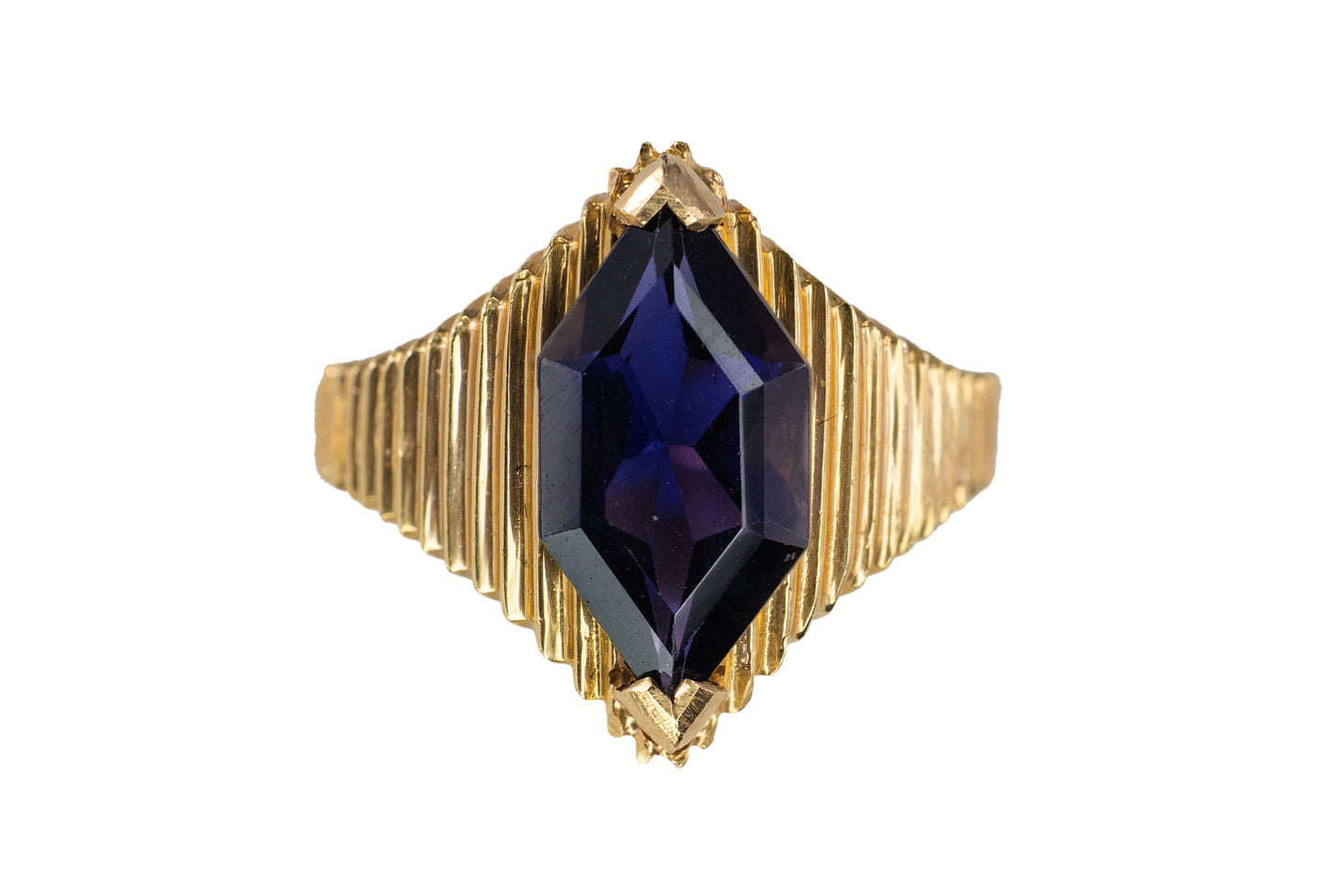 Yellow Gold Lozenge-Cut Iolite Ribbed Statement Ring