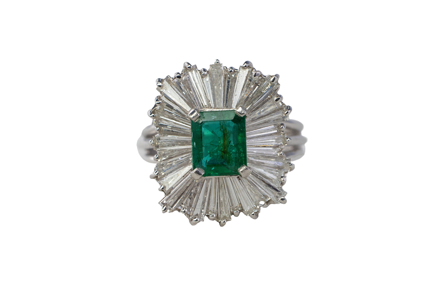 Platinum Emerald-Cut Emerald and Tapered Baguette Ballerina Ring