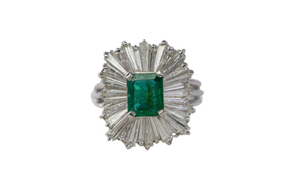 Platinum Emerald-Cut Emerald and Tapered Baguette Ballerina Ring