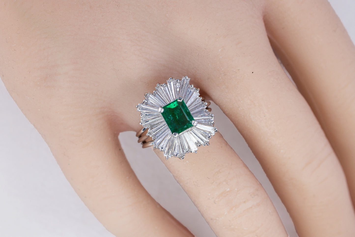 Platinum Emerald-Cut Emerald and Tapered Baguette Ballerina Ring