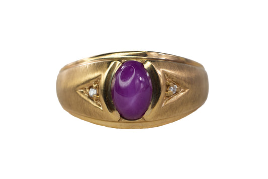Yellow Gold Synthetic Star Ruby and Diamond Men's Ring