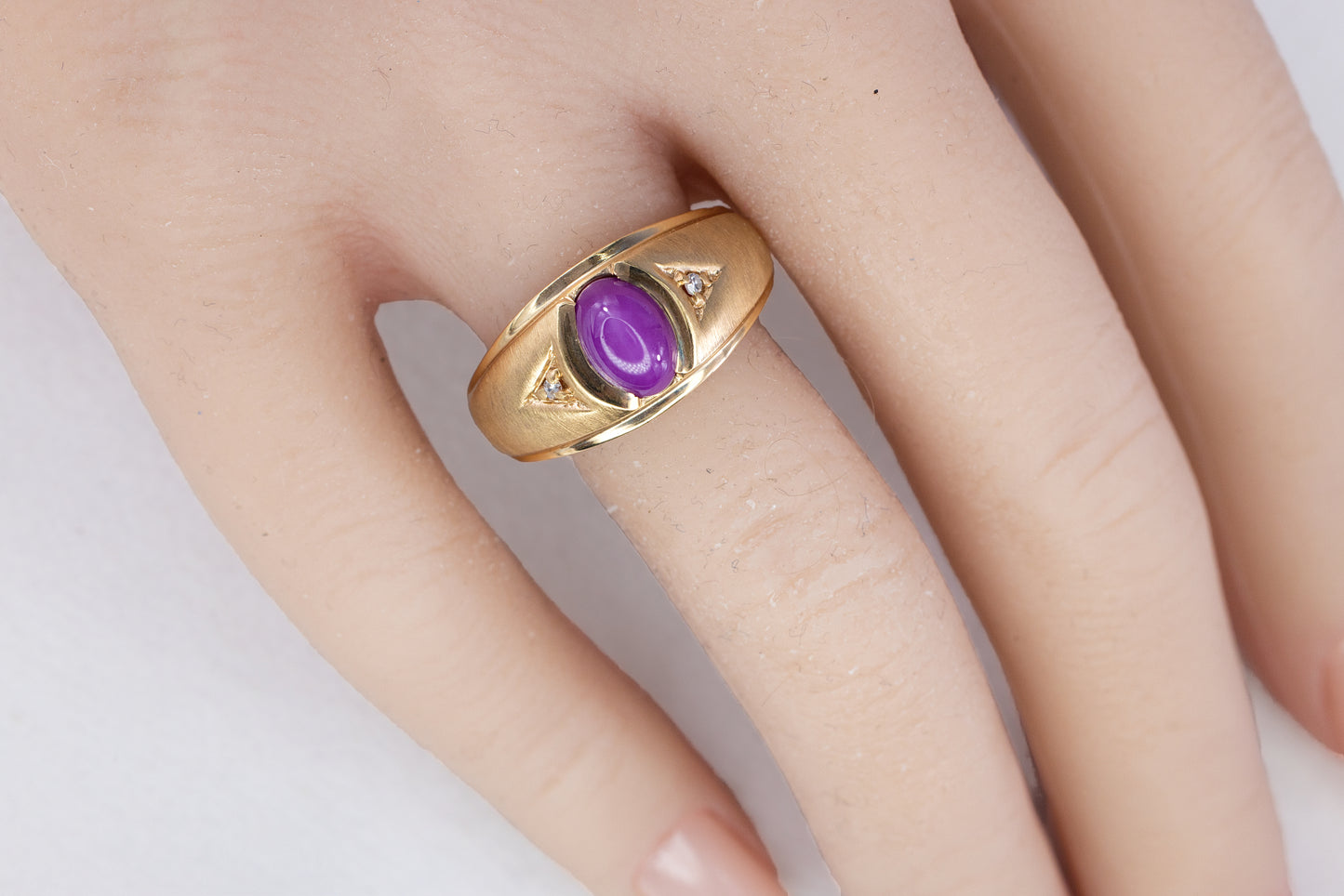 Yellow Gold Synthetic Star Ruby and Diamond Men's Ring