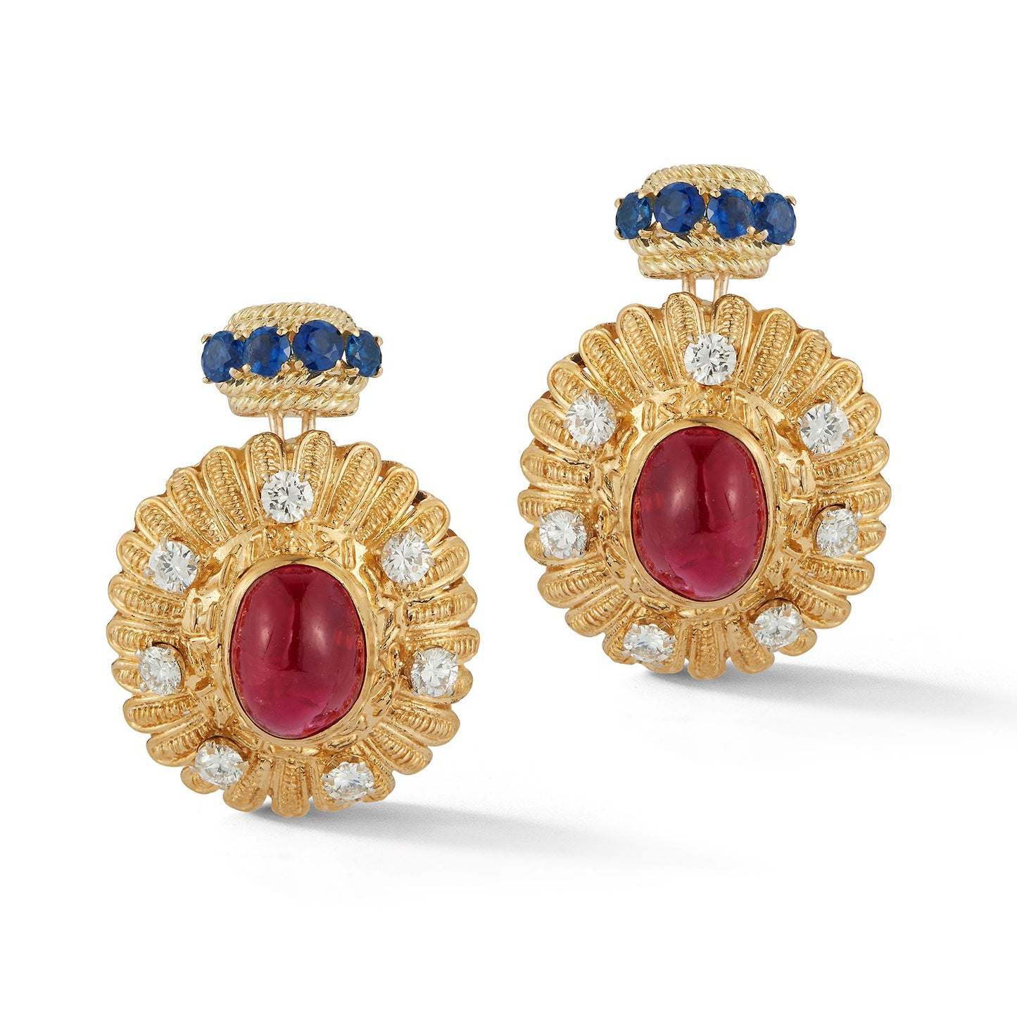 Cabochon Ruby, Sapphire & Diamond Earrings