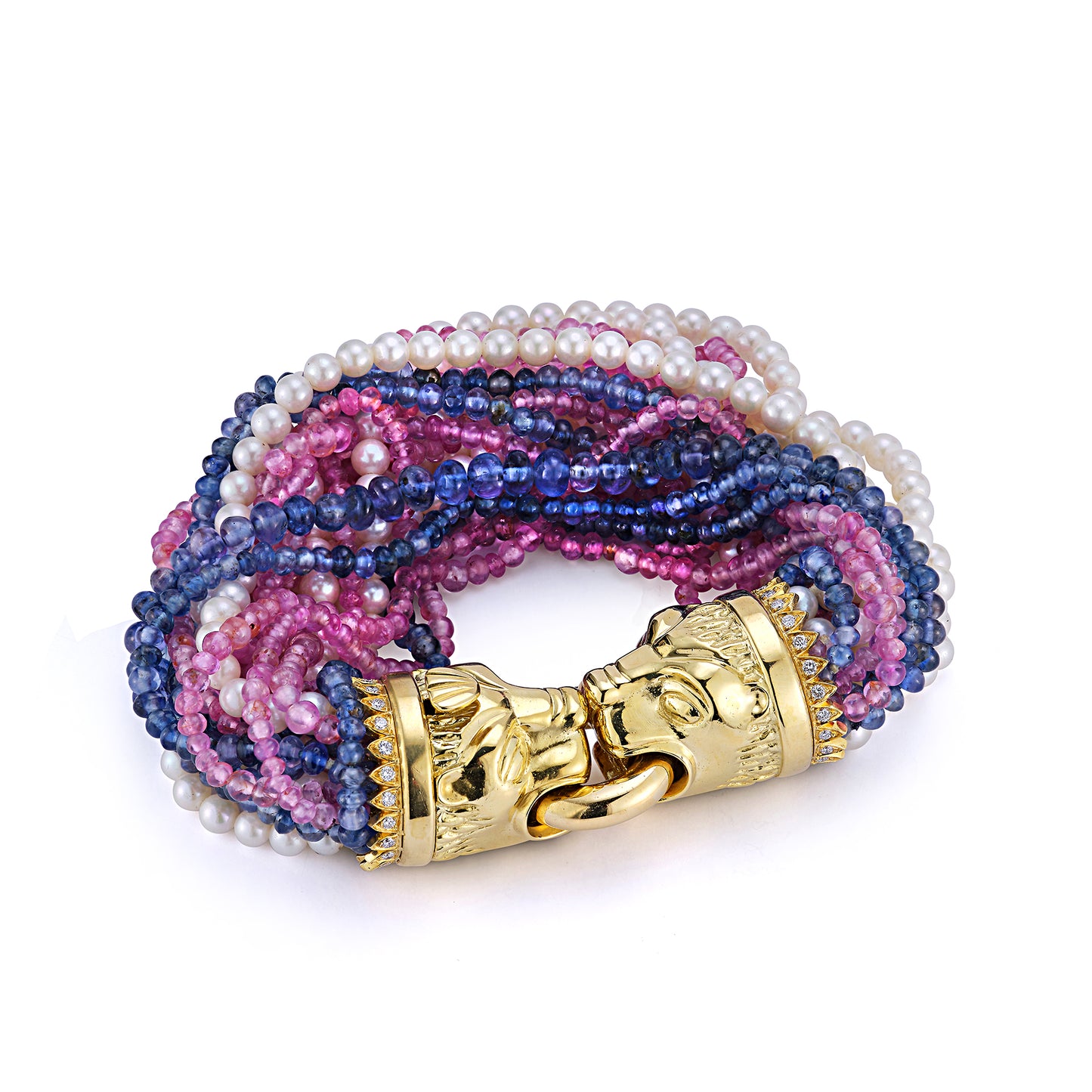 Multi Strand Pearl, Ruby & sapphire Lion Head Bracelet