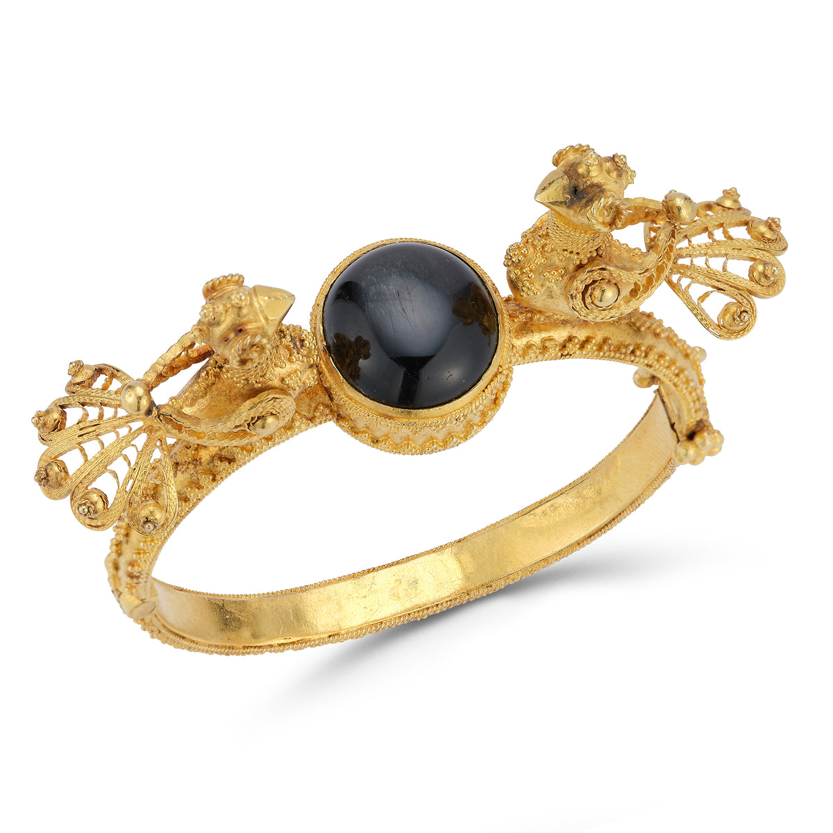 18K Yellow Gold Carved Bird and Black Star Sapphire Bangle Bracelet