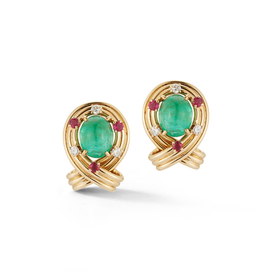 Cabochon Emerald & Ruby Earrings by Van Cleef & Arpels