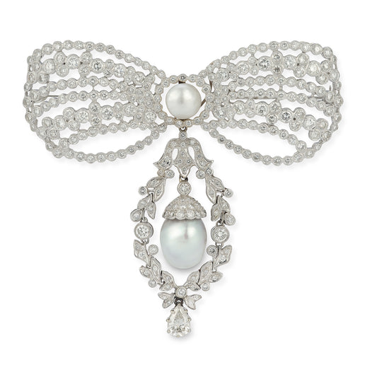 Diamond & Pearl Bow Brooch