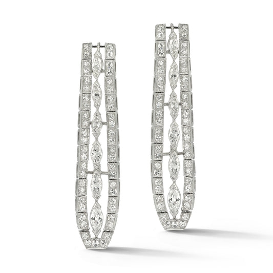 Platinum Marquise and Round Diamond Tapered Drop Earrings