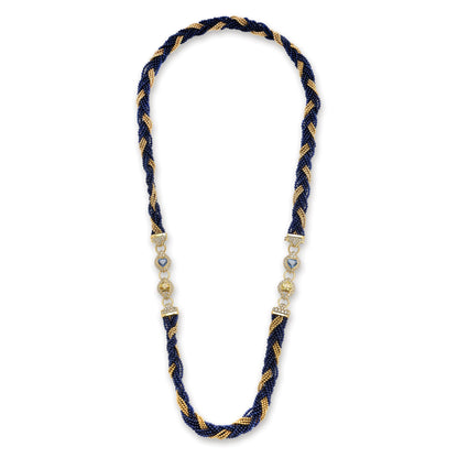 Yellow Gold Multi-Strand Twisted Blue Glass Bead, Sapphire, and Diamond Sautoir Necklace