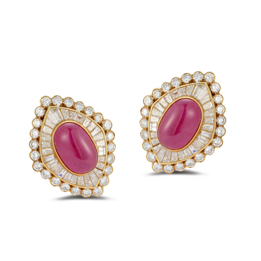 Van Cleef & Arpels Cabochon Ruby & Diamond Clip on Earrings