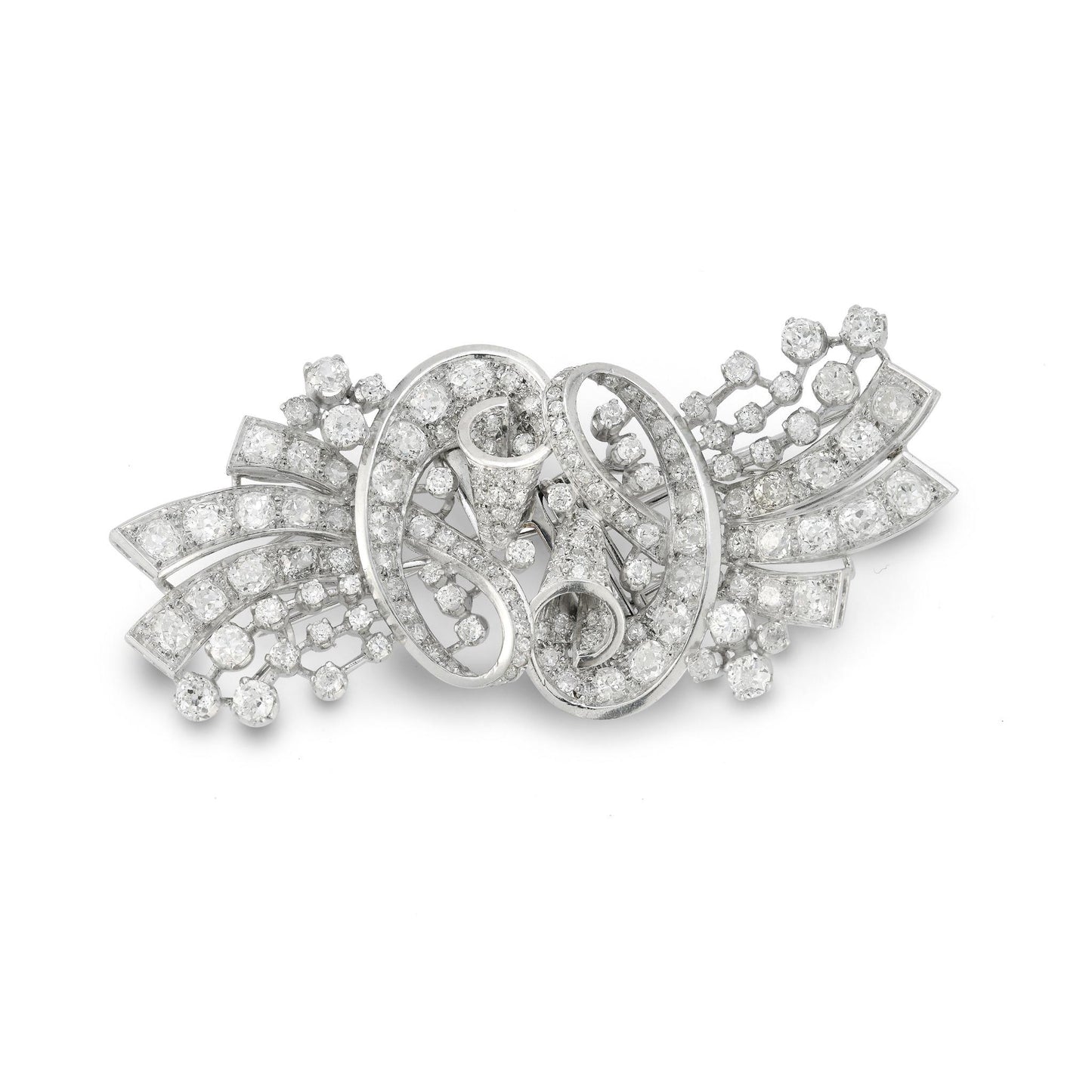 Platinum Diamond Scroll Convertible Double Clip Brooch