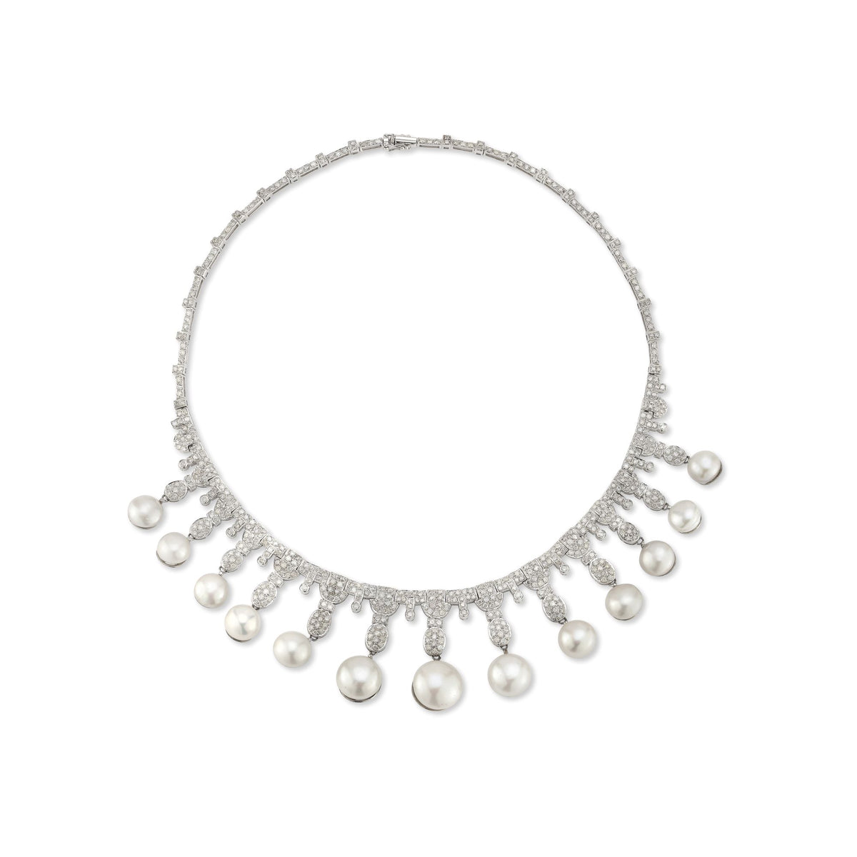 White Gold Diamond & Pearl Fringe Necklace