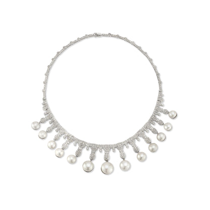 White Gold Diamond & Pearl Fringe Necklace