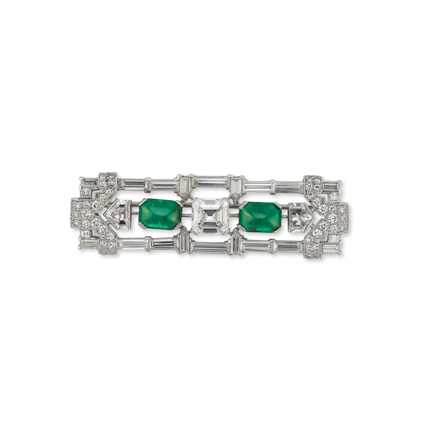 Art Deco Certified Cabochon Emerald & Diamond Brooch