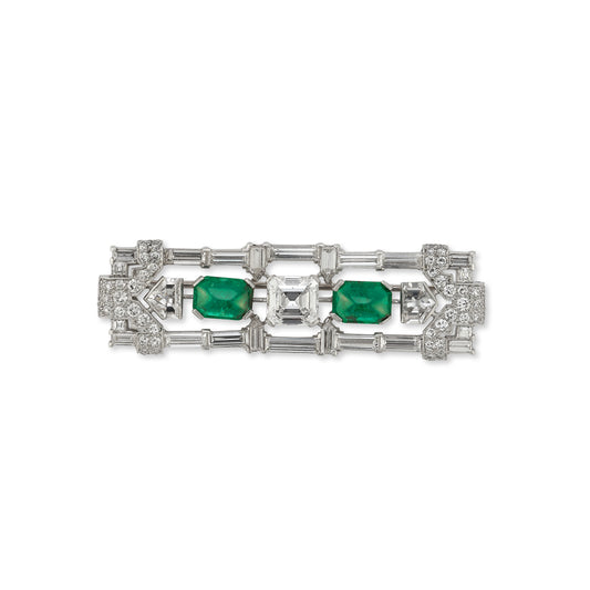 Art Deco Certified Cabochon Emerald & Diamond Brooch